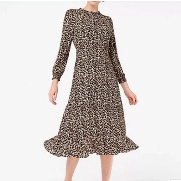 J. Crew Factory Dresses & Skirts - J.Crew Factory Ruffle Neck Peasant Dress Animal Leopard Print Midi Dress Size 6